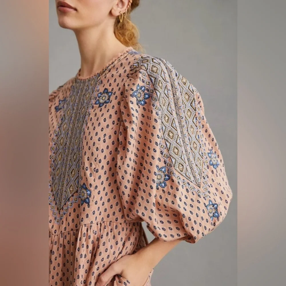 ANTHROPOLOGIE  Embroidered Cotton  Boho Mini Tunic Dress SZ 6 - Picture 17 of 17